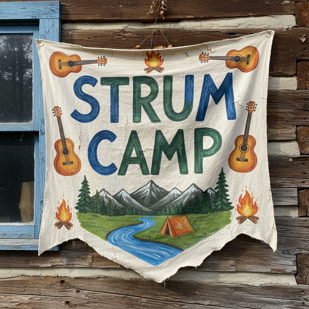Hand-painted Strum camp banner on cabin wall