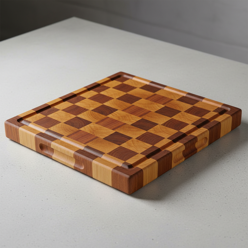 End-grain white oak cutting board with juice groove and natural mineral oil finish on kitchen counter
