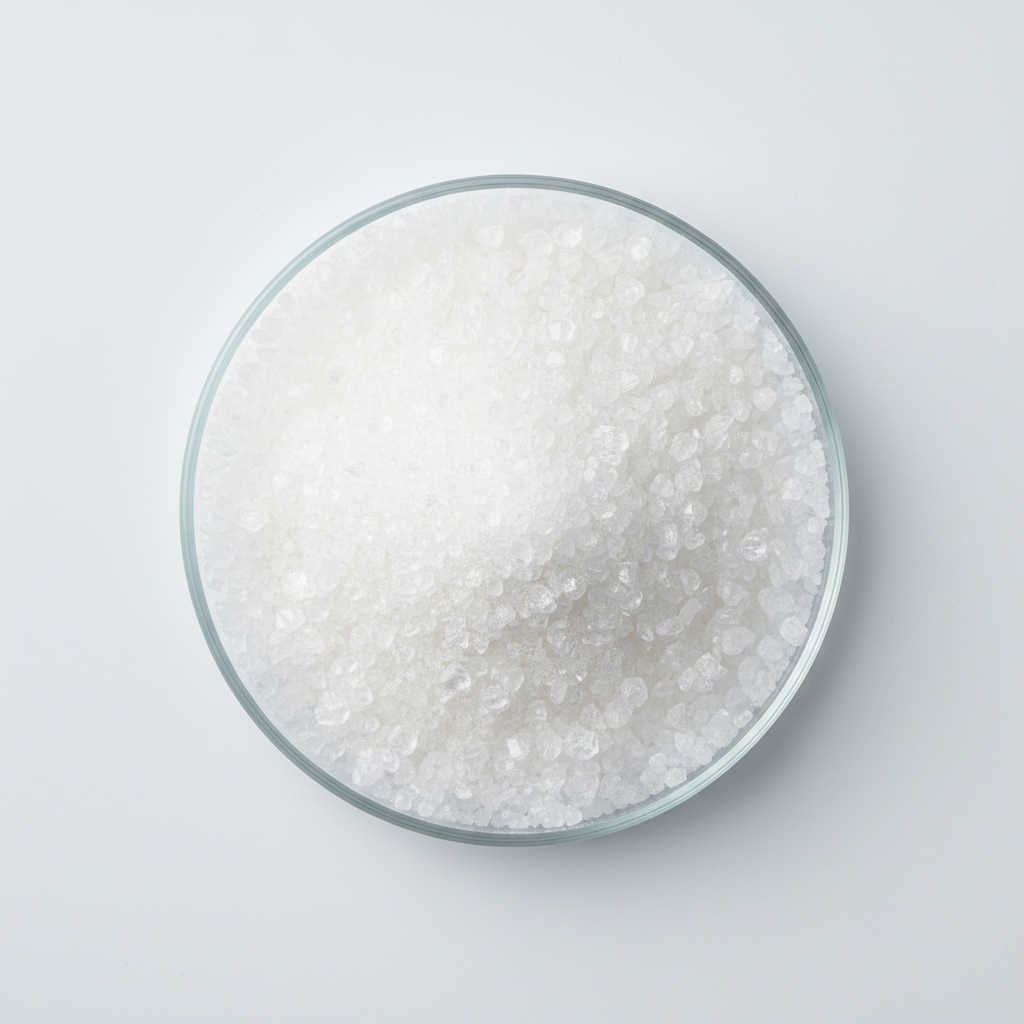 White crystalline leucine powder in laboratory glass dish under overhead clinical lighting