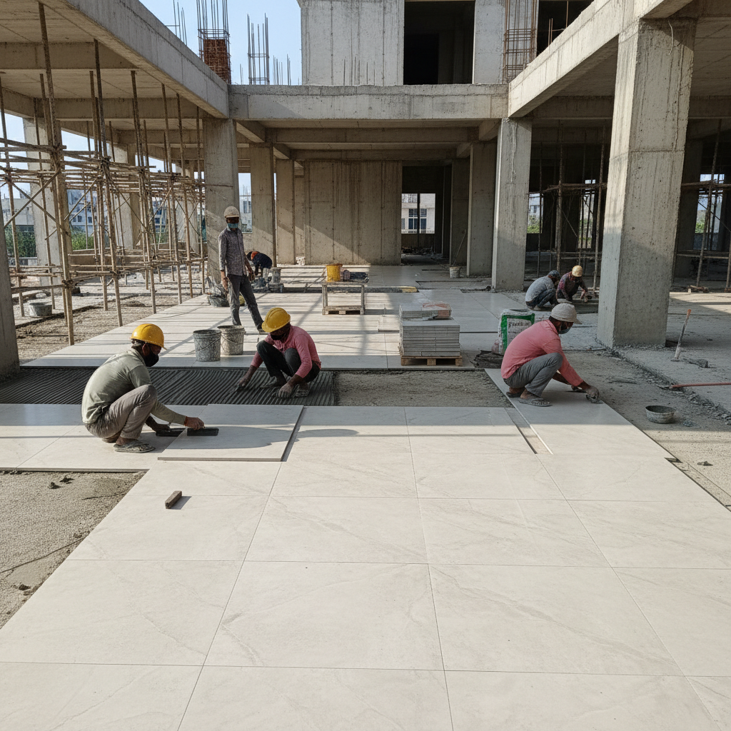 Vitrified tile laying at Indian construction site