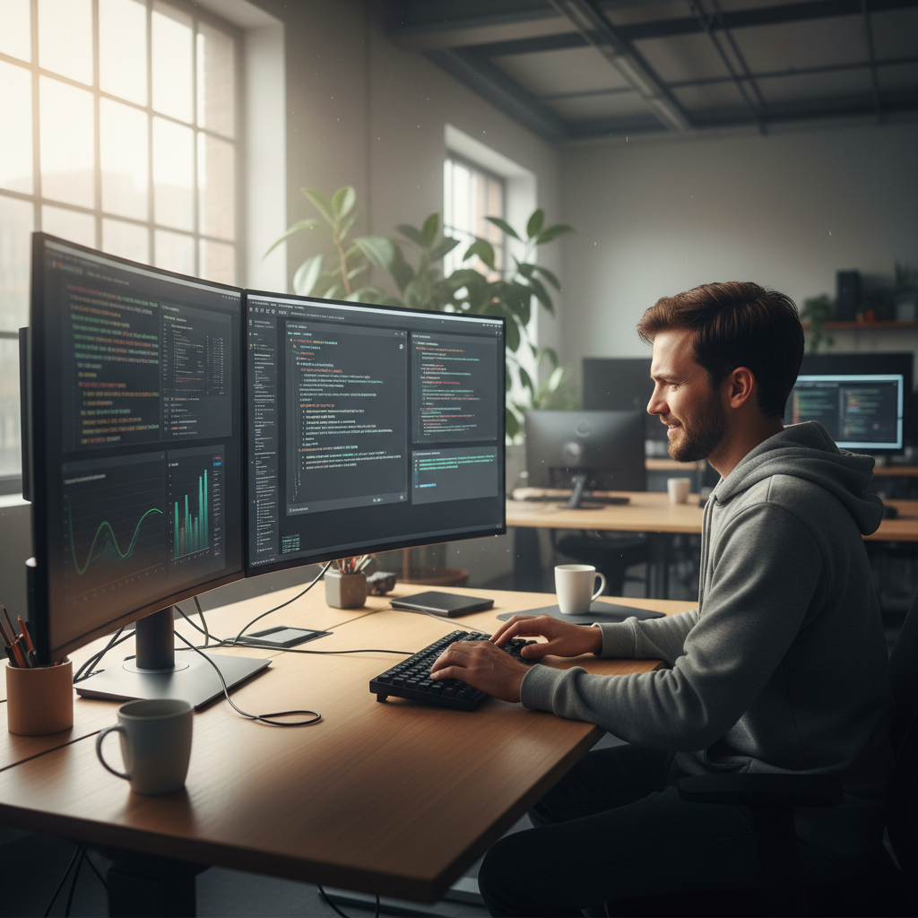 Developer using AI coding assistant with code suggestions and error detection