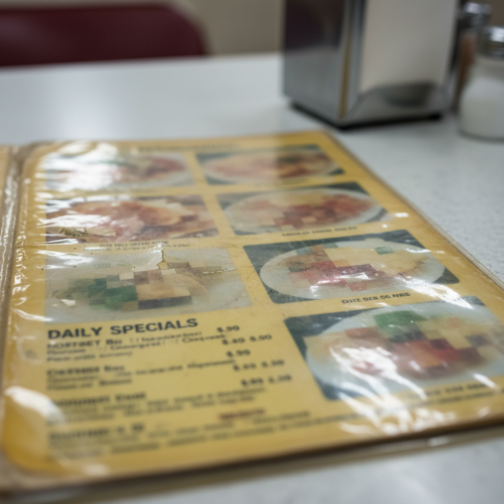 Faded yellowed laminated restaurant menu under harsh fluorescent light showing blurry food photos