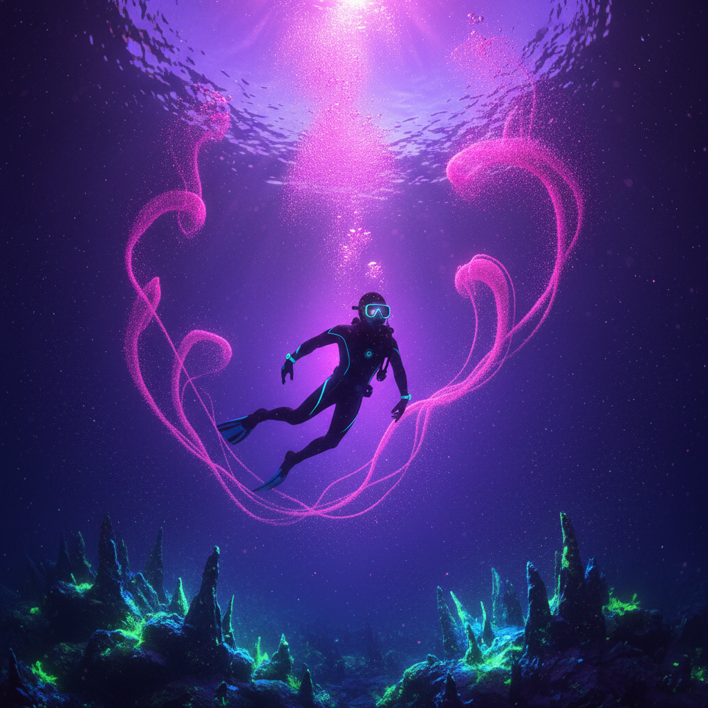 Diver arcing through ultraviolet light underwater, trailing magenta bubbles