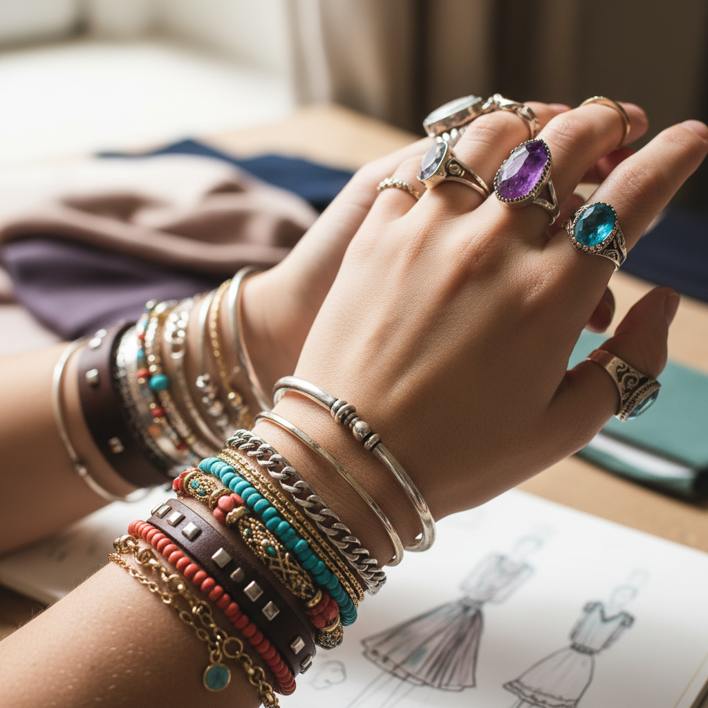 Fashion student with stacked bracelets and rings