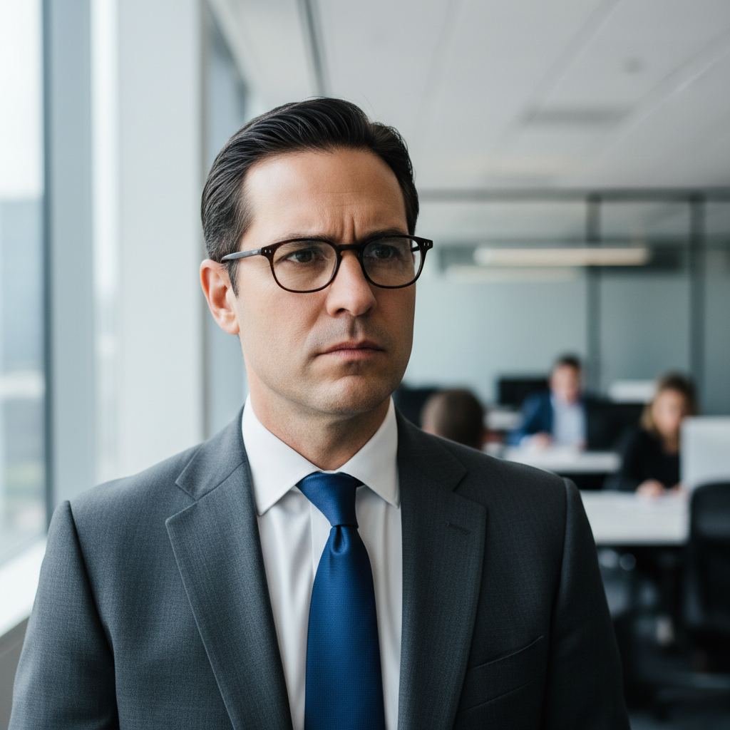 Professional man in dark suit, serious expression, studio portrait
