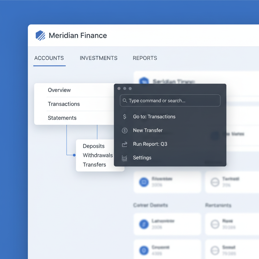 Dark financial dashboard UI on monitor, blue data visualizations, clean minimal interface, professional office environment with soft ambient lighting
