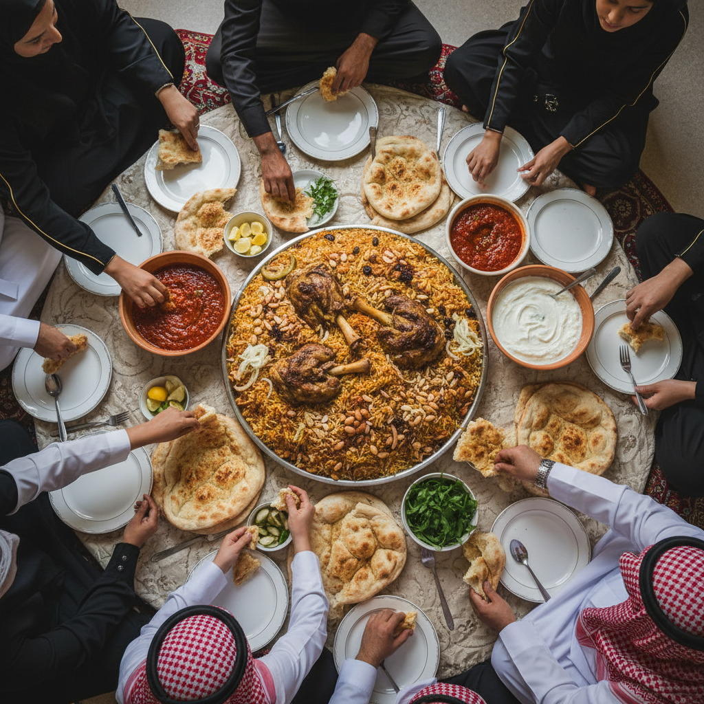 Overhead view of a communal Saudi sufra spread with lamb mandi, daqoos, and khubz — hands reaching in to tear bread and spoon sauce