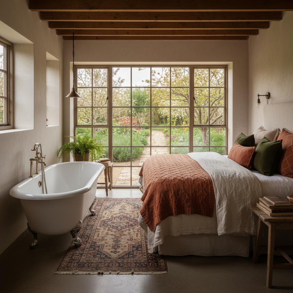 The Orchard room — roll-top bath, double bed with warm textiles, garden view window