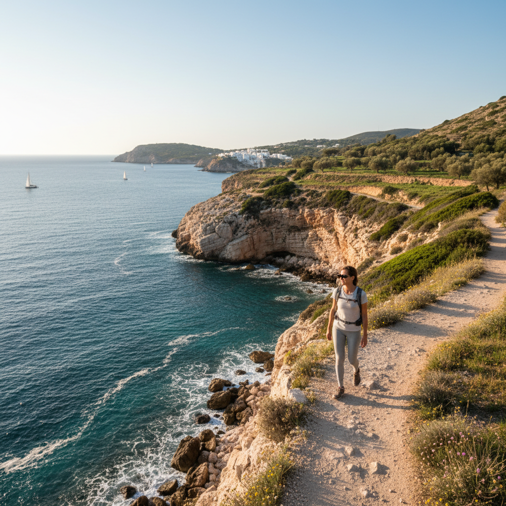 Patient walking confidently on Mediterranean cliffside path on day 4 post surgery