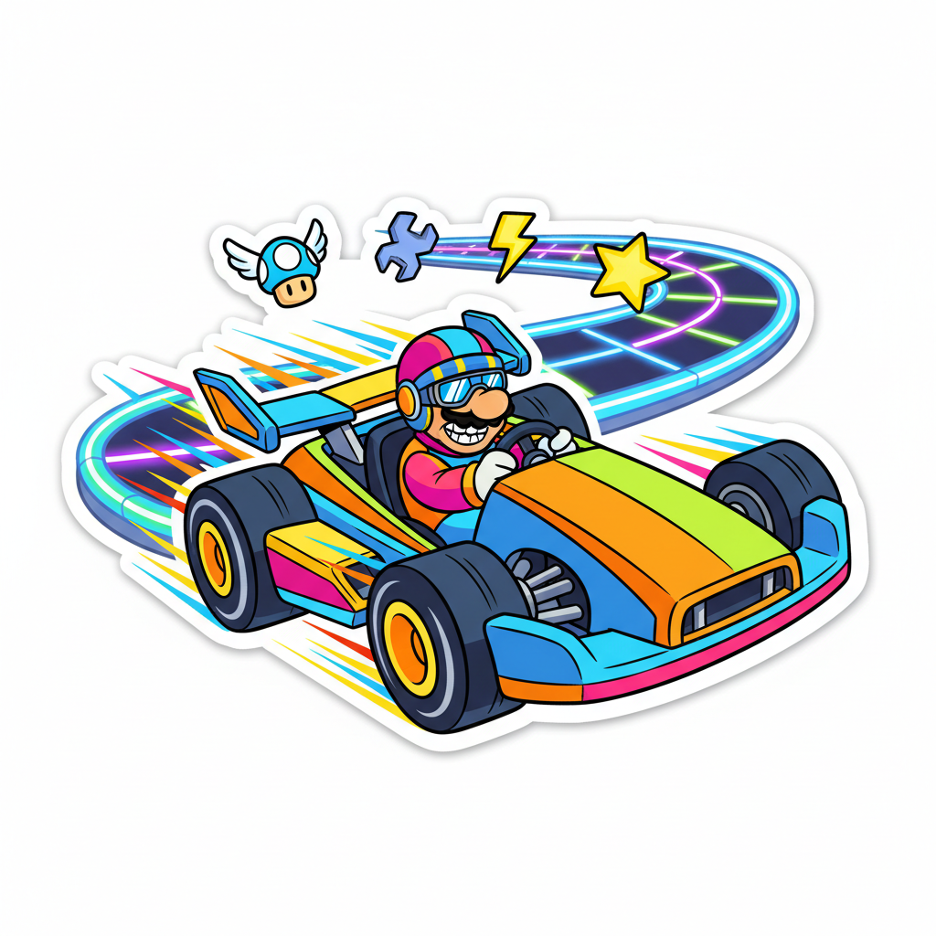 Colorful pixel art racing cars on a neon-lit circuit track