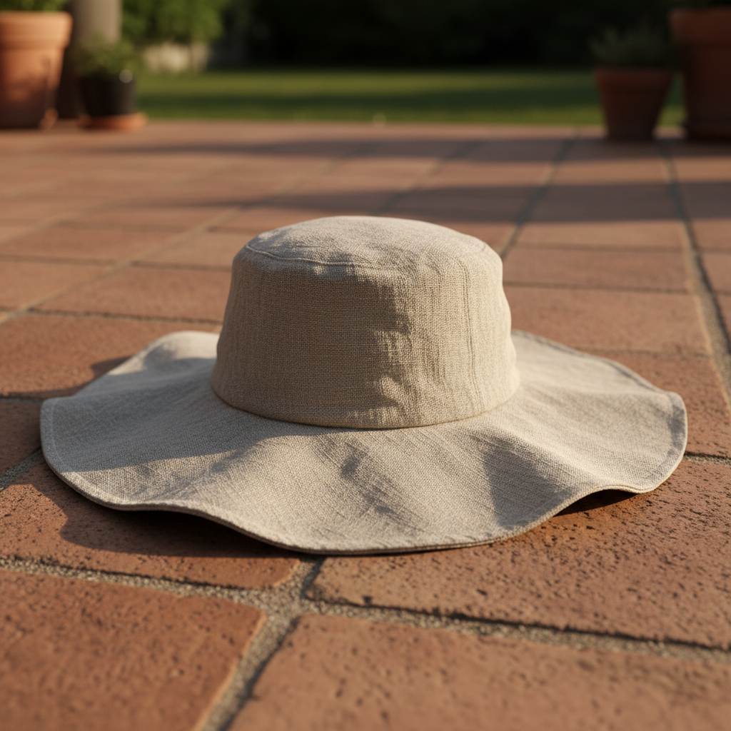 Wide-brim sun hat on terracotta patio with warm afternoon shadows, linen fabric visible