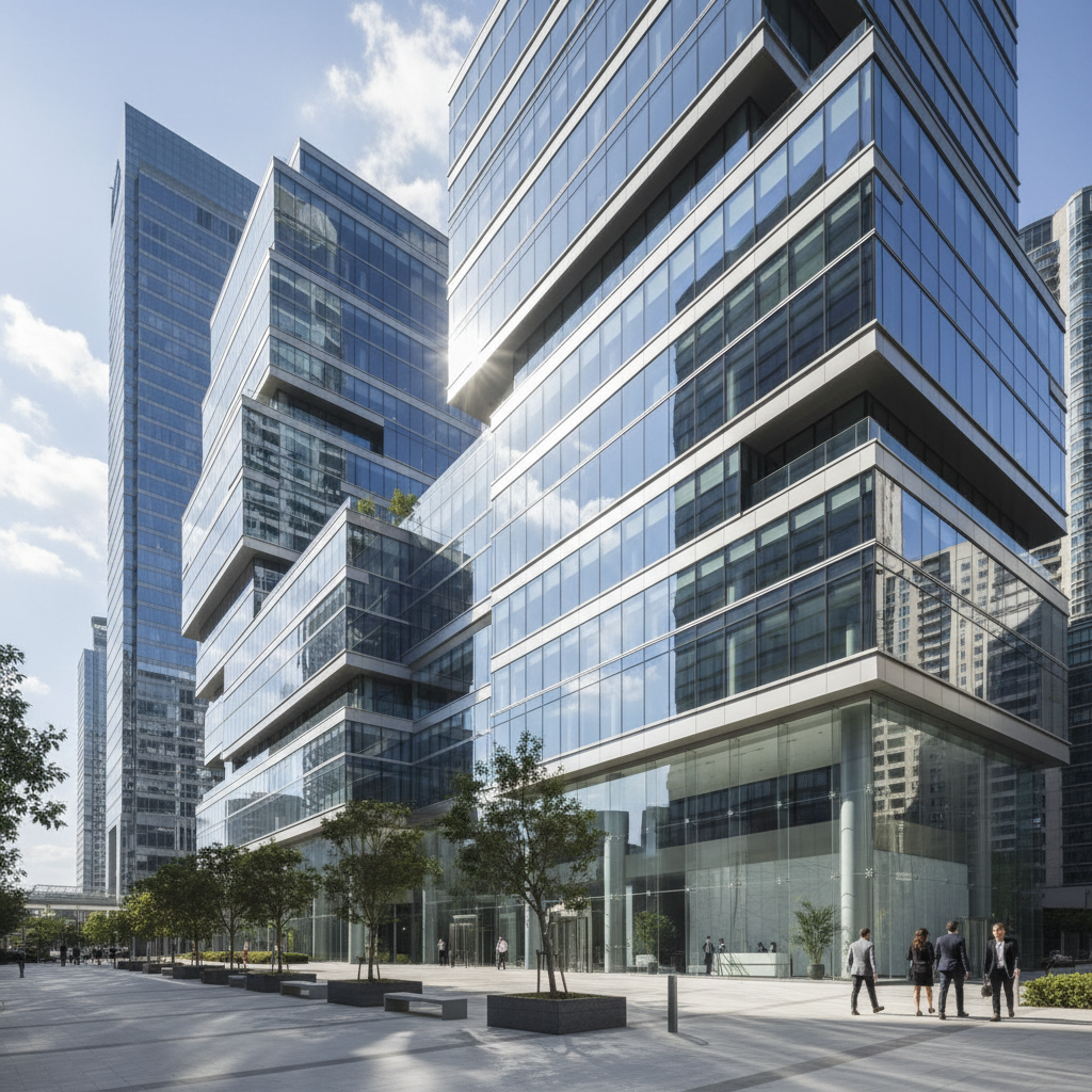 Modern commercial office building in an urban setting representing the type of projects served by Phillips Consulting Engineers