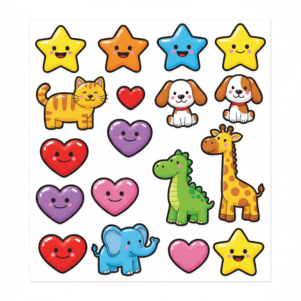 Sheet of colorful puffy foam stickers with stars hearts and animals