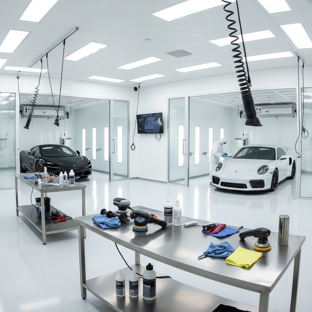 Before and after shot of car detailing showing clean engine bay