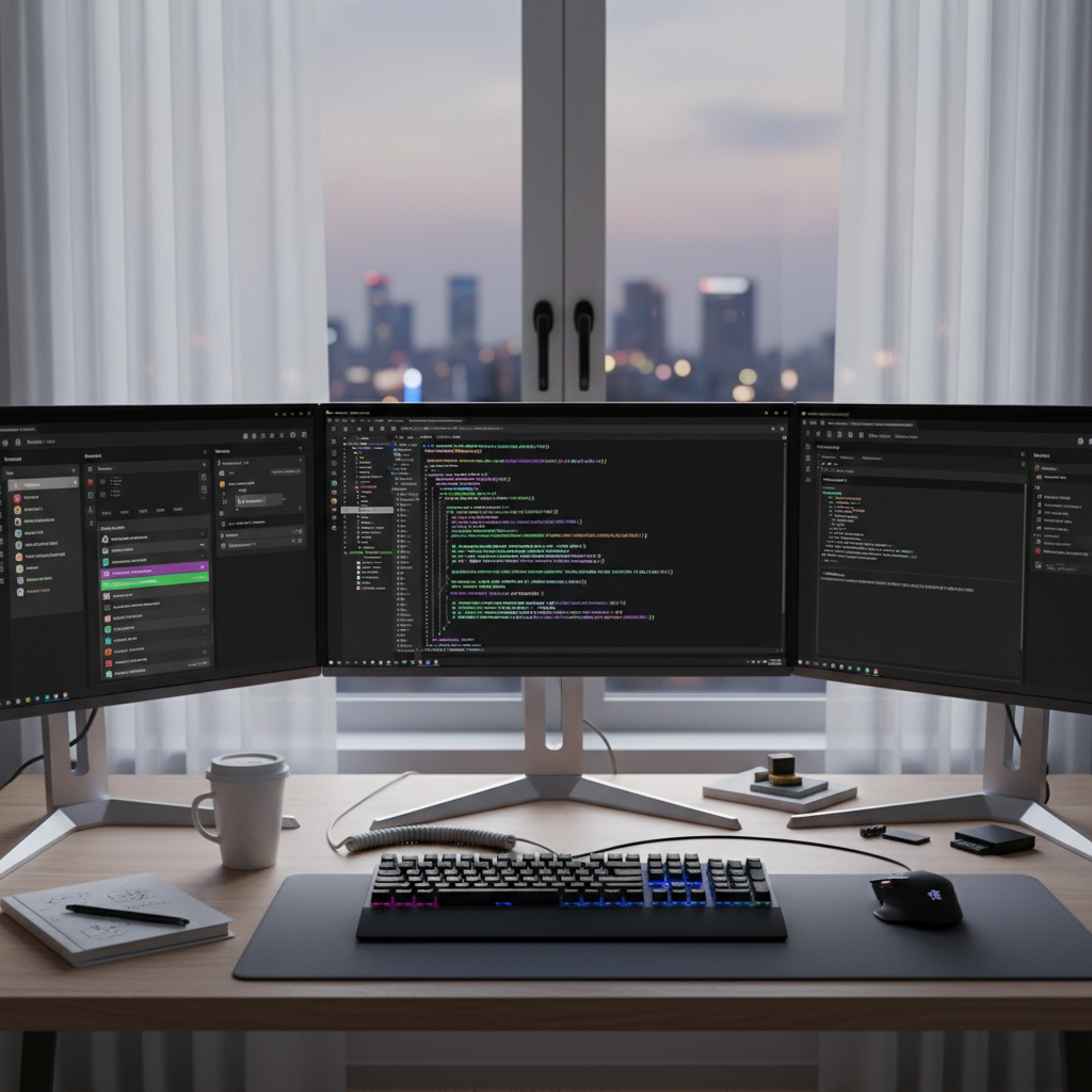 Full Stack Web Development course featuring modern coding workspace with multiple monitors