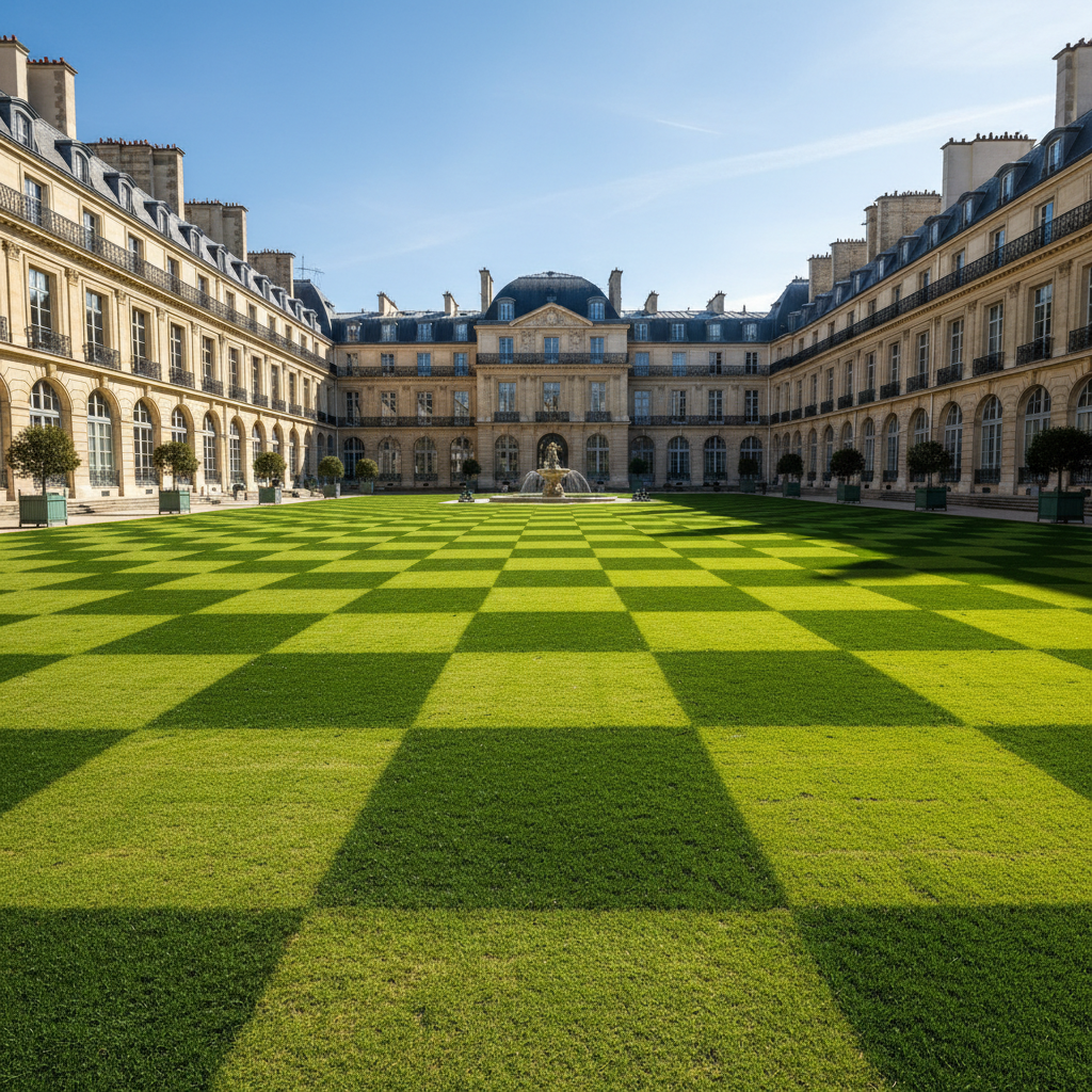 Pelouse striée en damier dans une cour haussmannienne au printemps, brins verts et denses