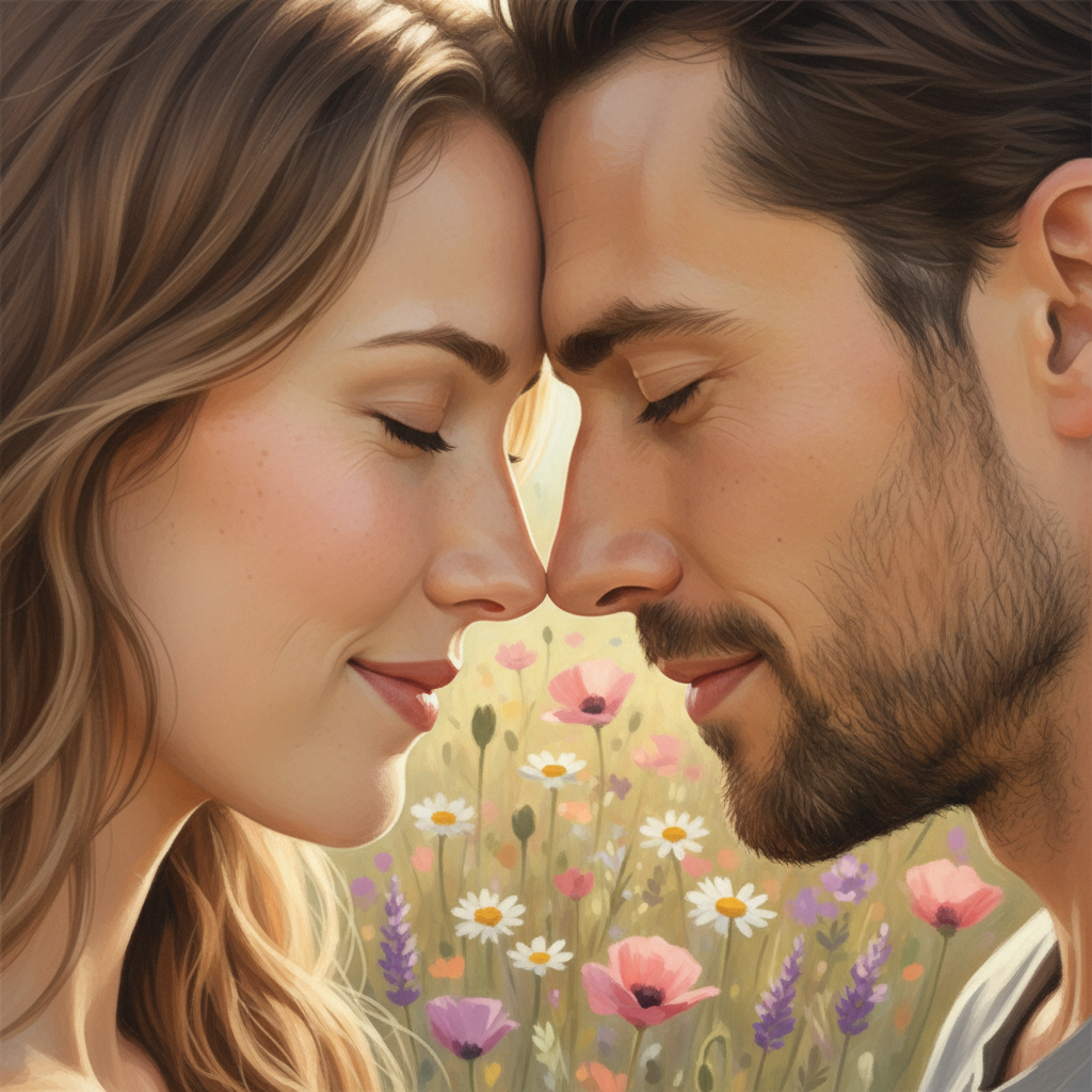 Intimate forehead touch, soft focus wildflowers
