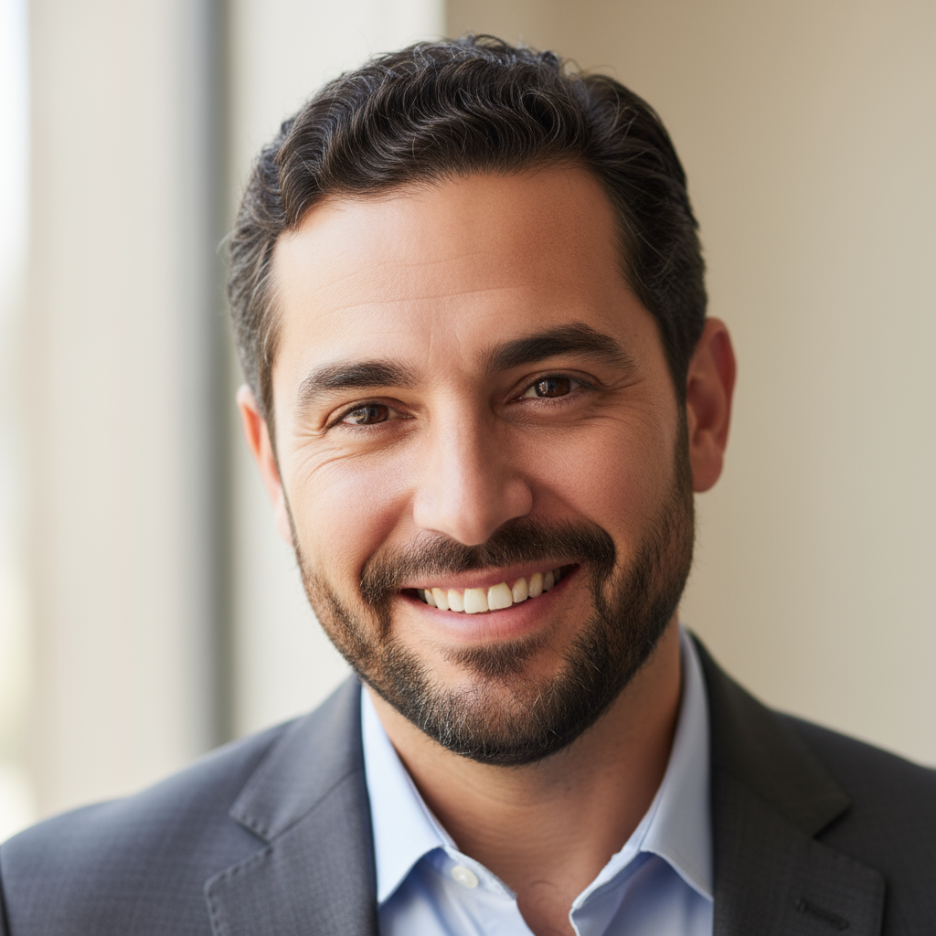 Hispanic man in his 30s, short dark hair, neutral expression, soft lighting