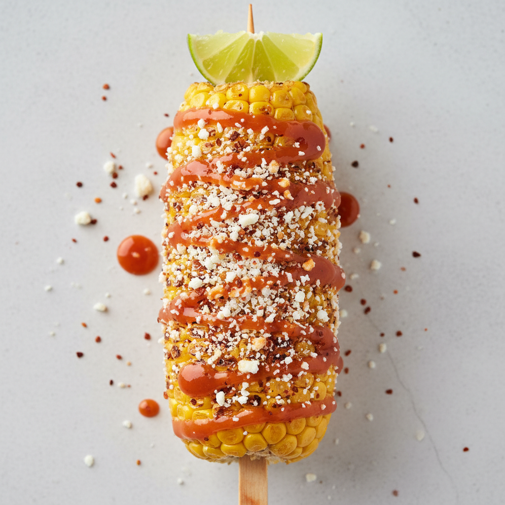 Elote Mexican street corn on a stick covered in cotija cheese lime Tajin and chamoy drizzle