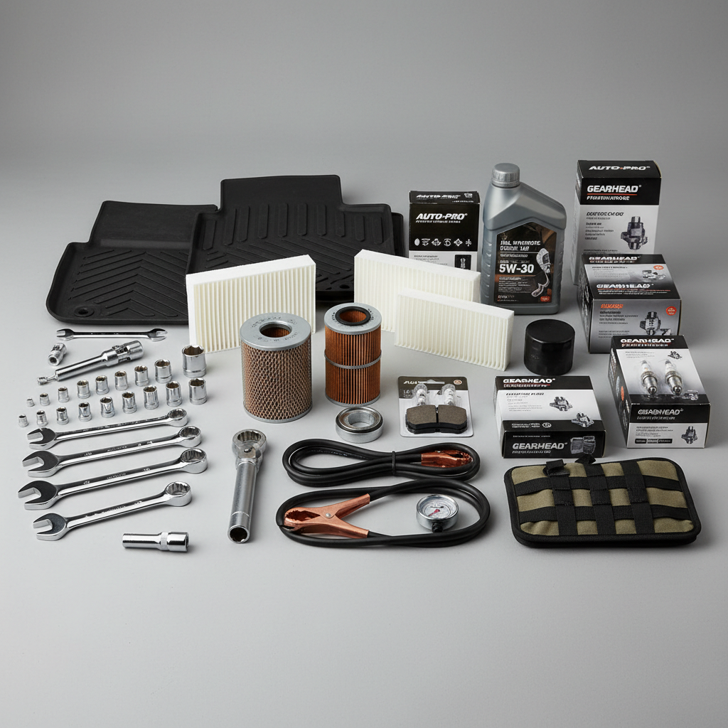 Accesorii auto inclusiv anvelope și piese de schimb pe fundal industrial