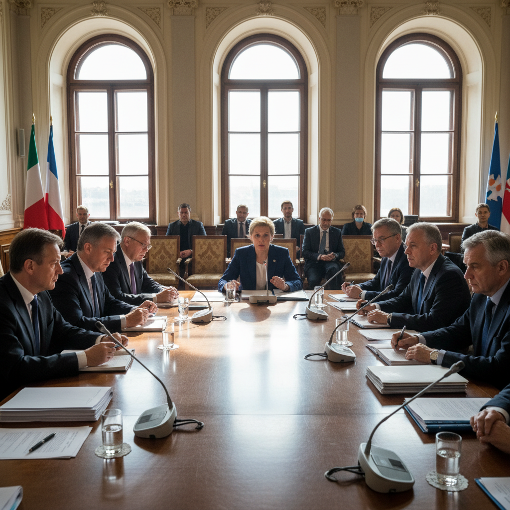 Political leaders at conference table in formal summit setting, bright overhead lighting