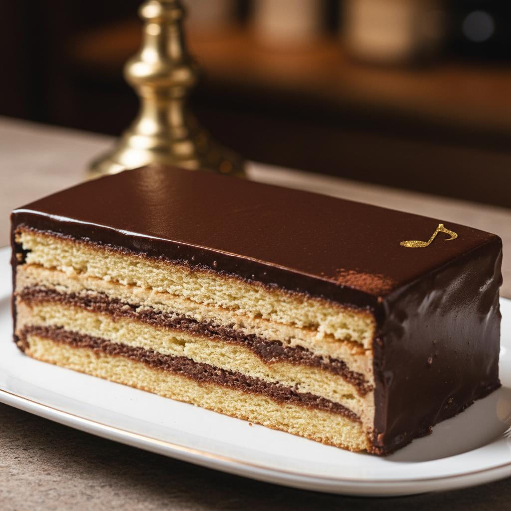 Slice of opera cake showing perfect layers of chocolate ganache and coffee cream on dark plate