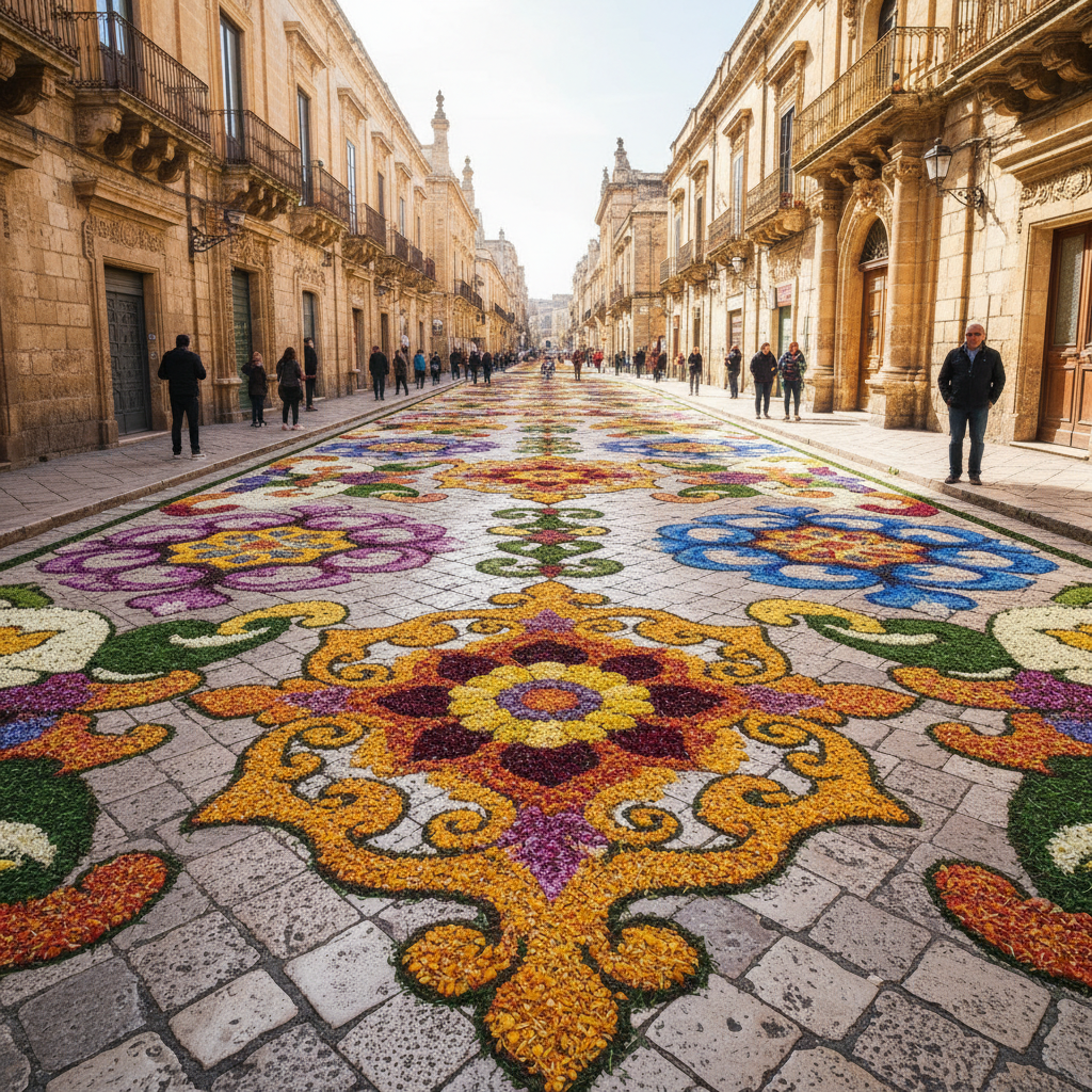 Elaborato tappeto floreale multicolore su strada lastricata di pietra barocca siciliana, petali disposti in motivi ornamentali