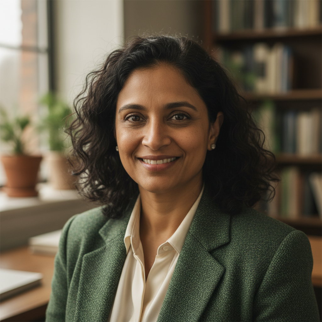 South Asian woman journalist in her 30s, natural smile, warm editorial portrait