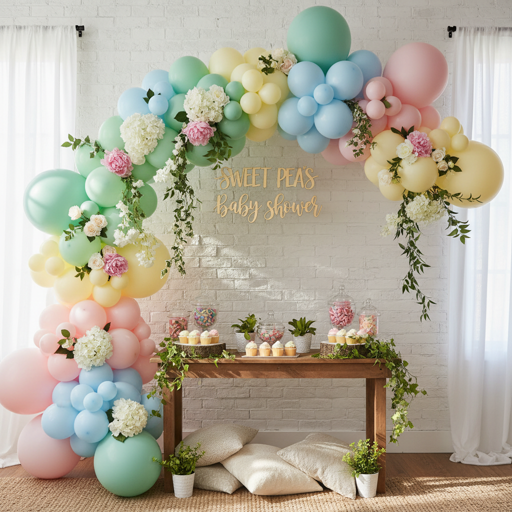 Pastel baby shower setup with balloon arch, floral centerpieces, soft pink and white decorations