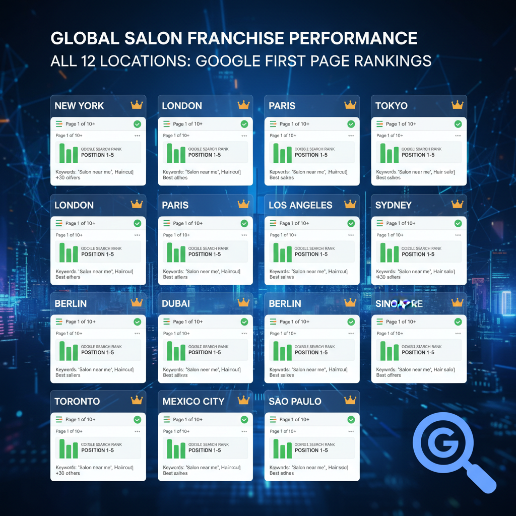 Analytics dashboard showing 12 salon franchise locations all ranking on first page of Google across multiple cities