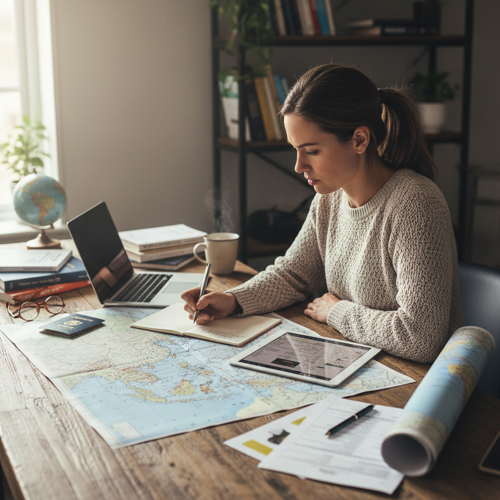 Open calendar planner on desk with pen and travel documents, planning a trip