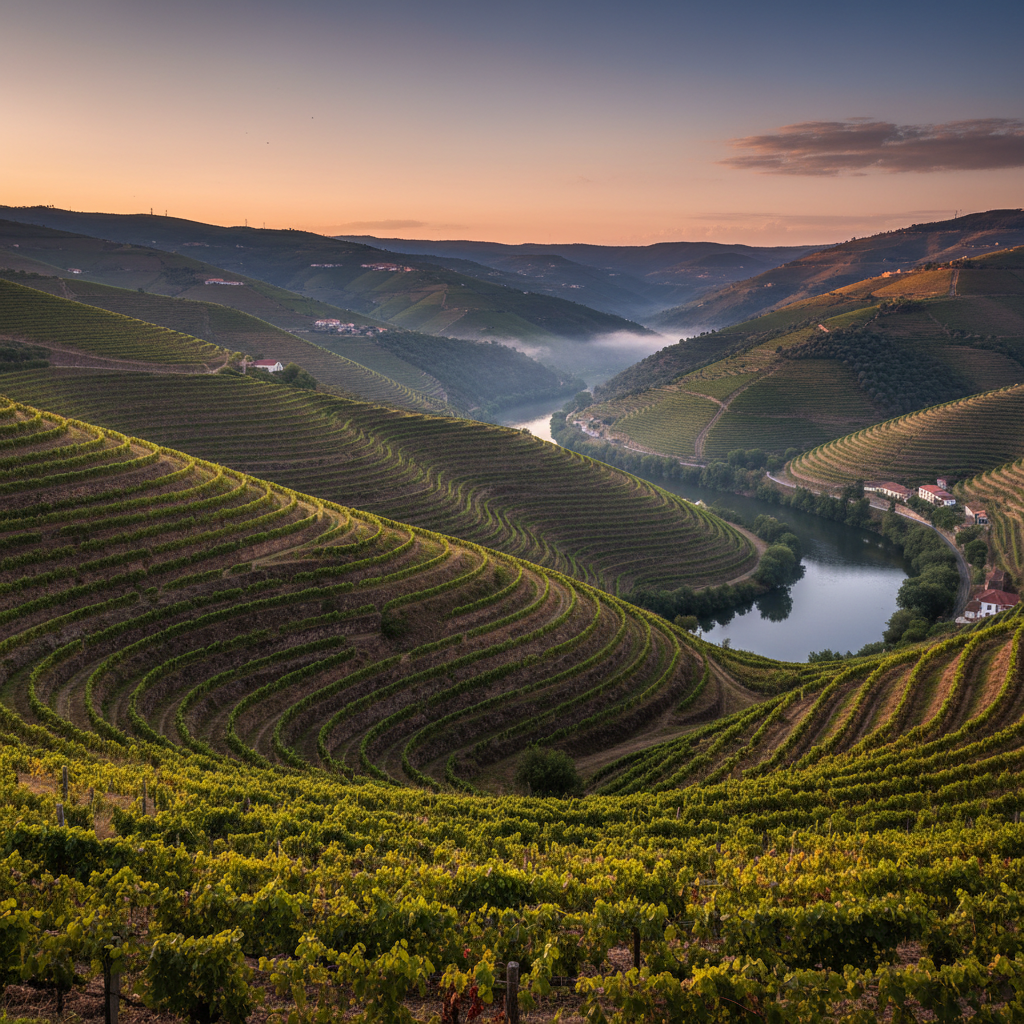 Douro Valley terraced vineyards at twilight, misty river valley, deep green shadows, warm fading light, atmospheric depth