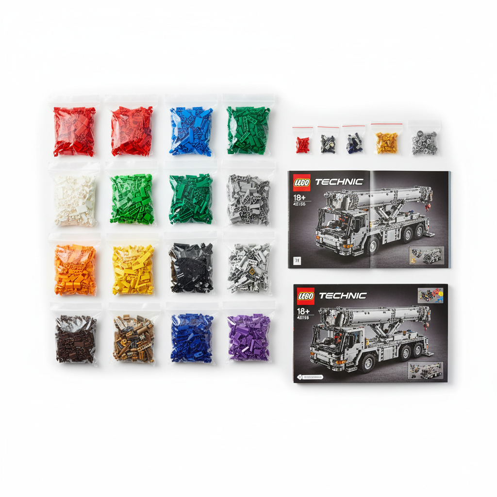 LEGO Technic set with all pieces sorted by color into bags, original instructions and box present
