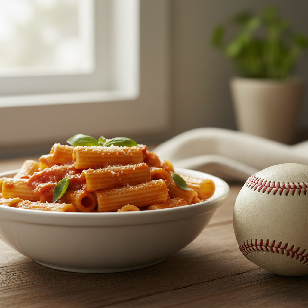 Rigatoni arrabbiata with spicy tomato sauce and fresh basil in terracotta bowl
