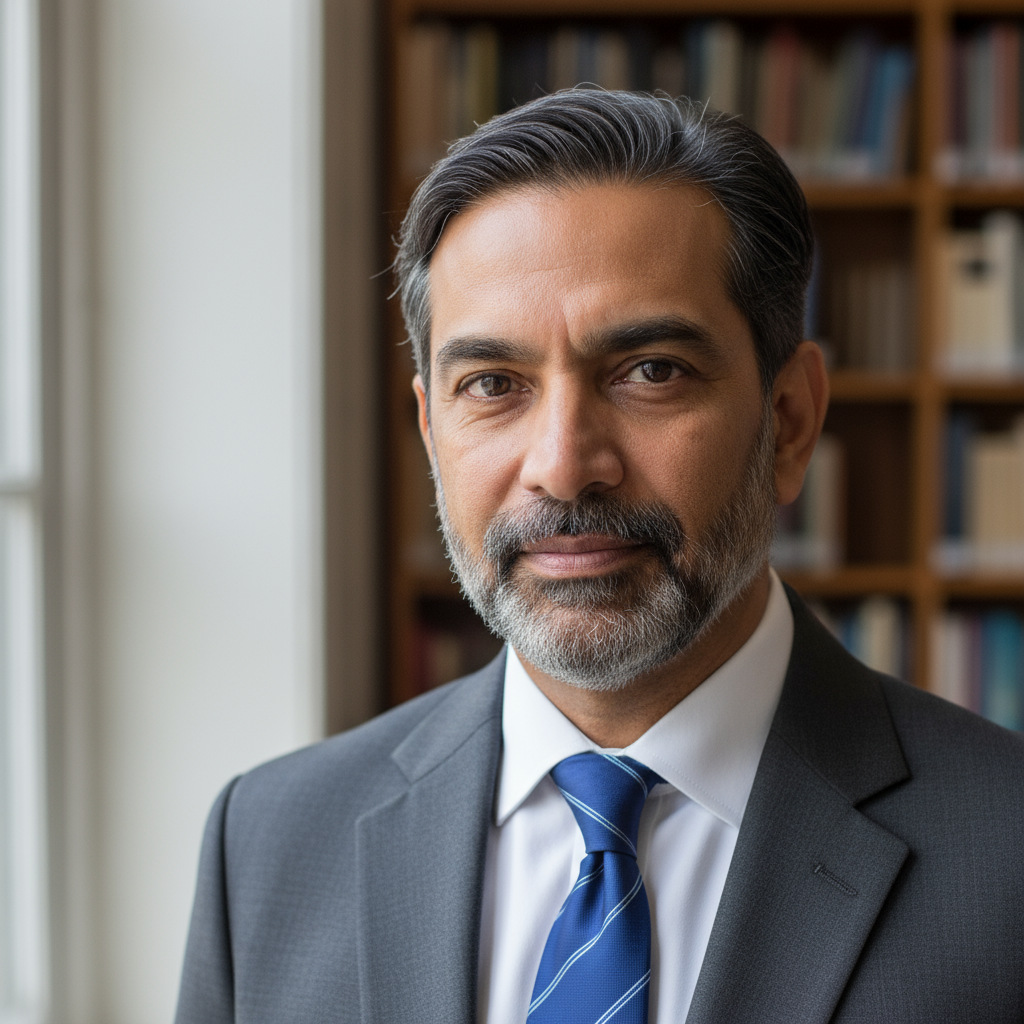 Middle-aged Indian professor in formal shirt, professional expression, academic setting