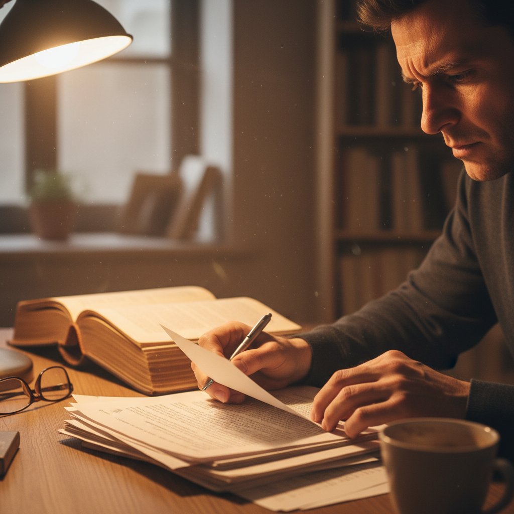Person reviewing documents at a desk with warm lamplight