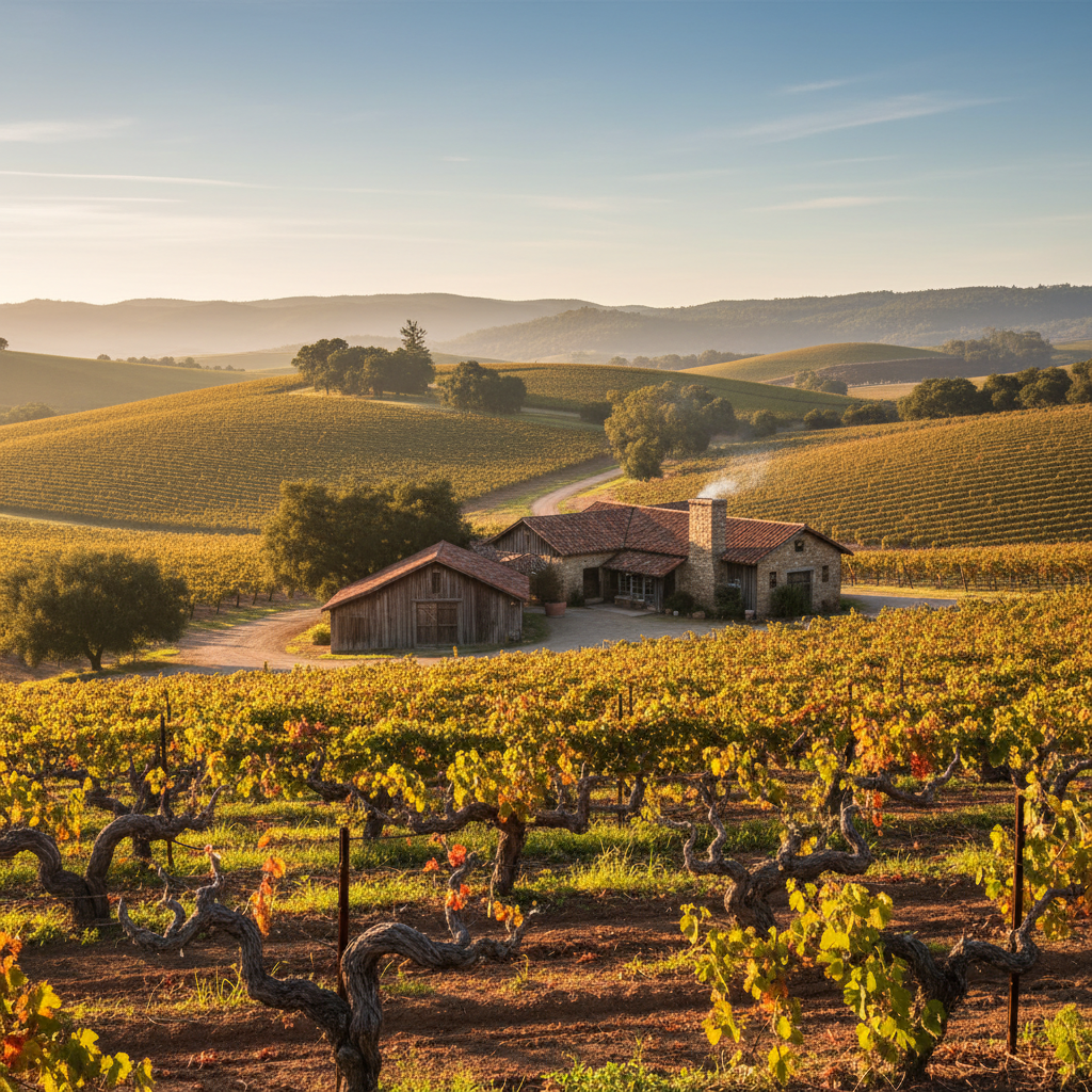 Rustic winery tasting room with barrels and vineyard views in Sierra Nevada foothills