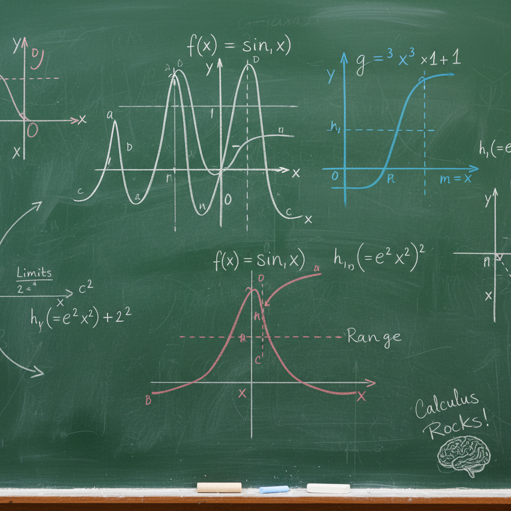 Math formulas and graphs on dark chalkboard, academic study material
