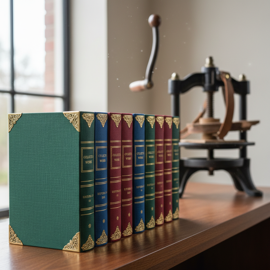 Row of freshly bound books in cloth covers with brass finishing press in background