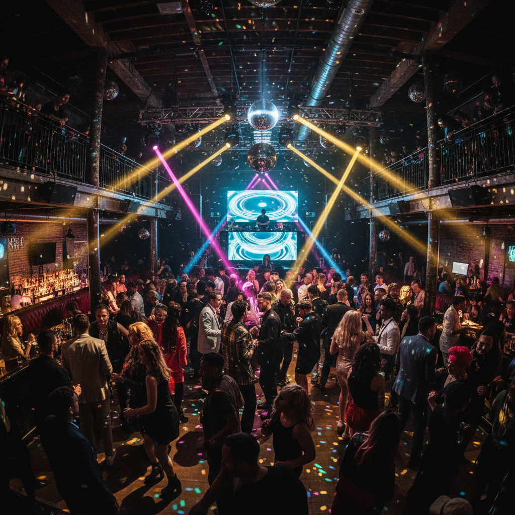 People dancing at a vibrant night party with colorful disco lights and energetic atmosphere