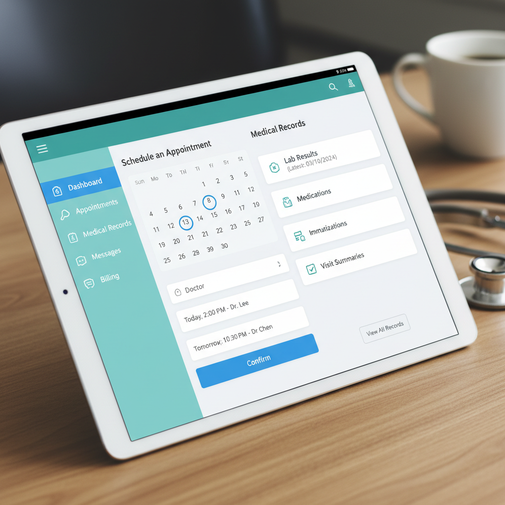 Healthcare patient portal showing appointment scheduling, medical records, and telemedicine video interface
