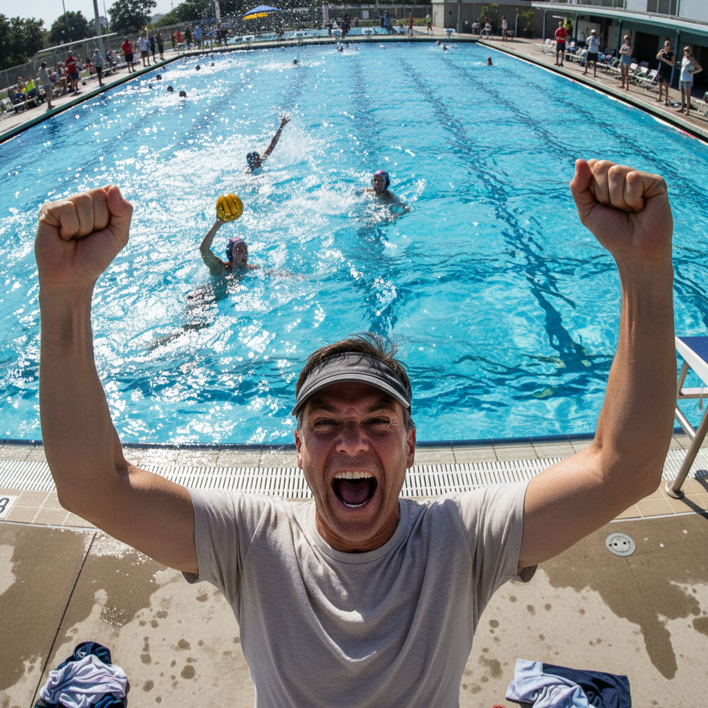 Parent cheering at poolside during a water polo match, excited expression, blue pool in background