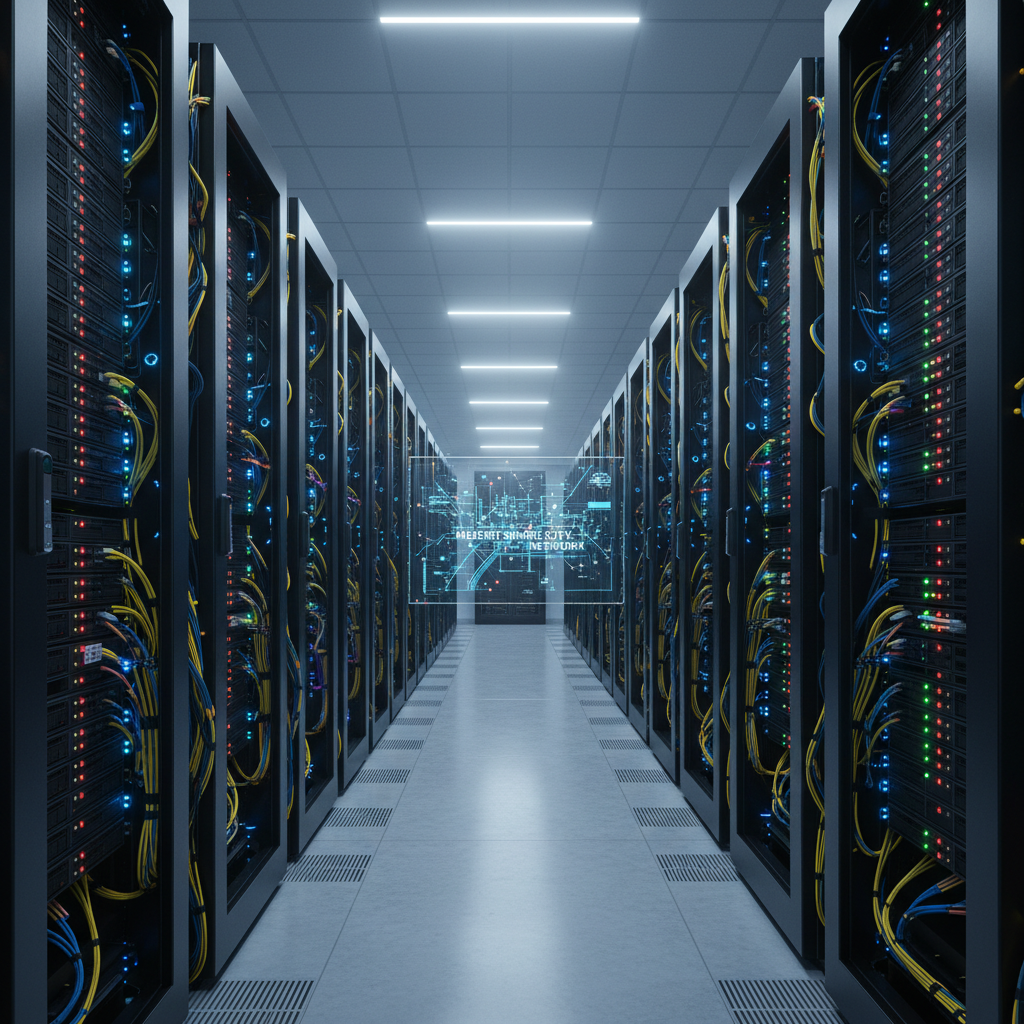 Bright well-lit data centre corridor with illuminated server racks, clean white environment, open aisle, professional infrastructure