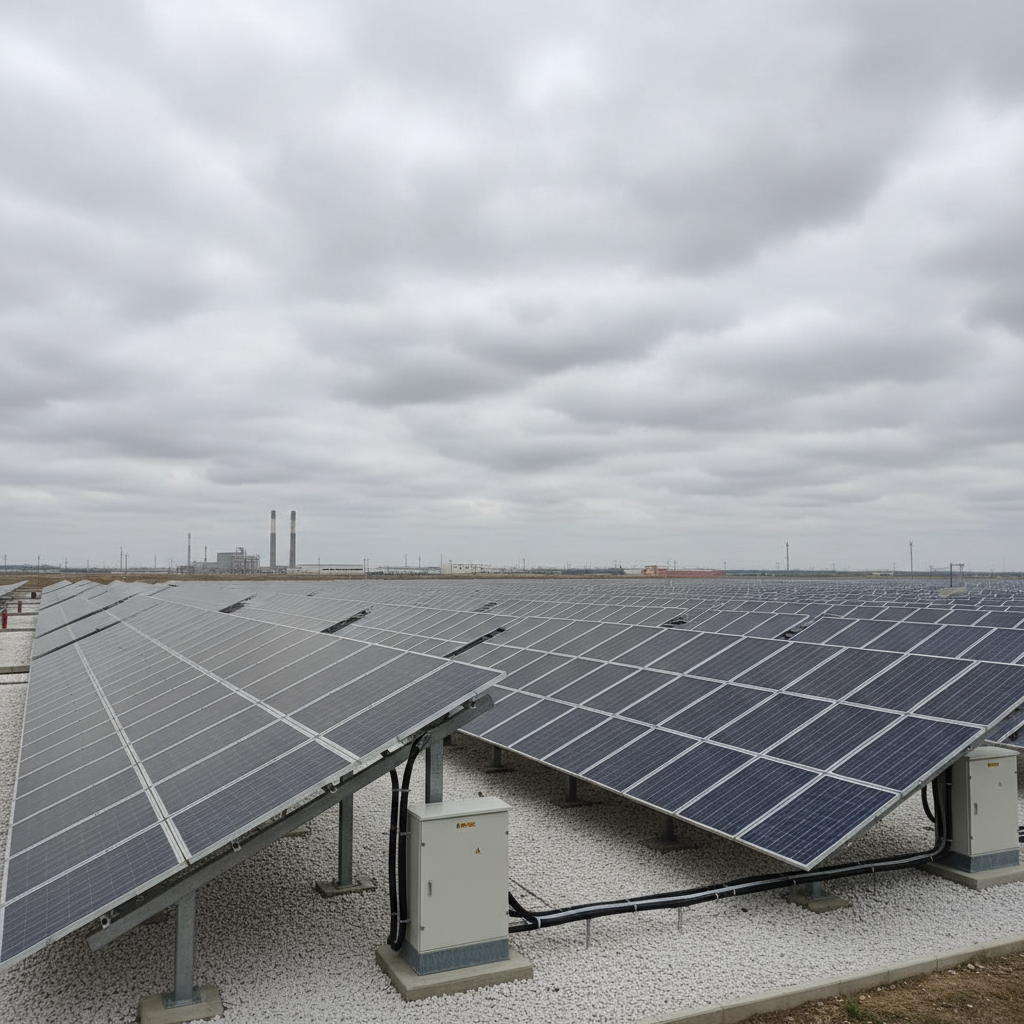 Industrial solar panel array at dusk, dark sky, dramatic lighting on panels