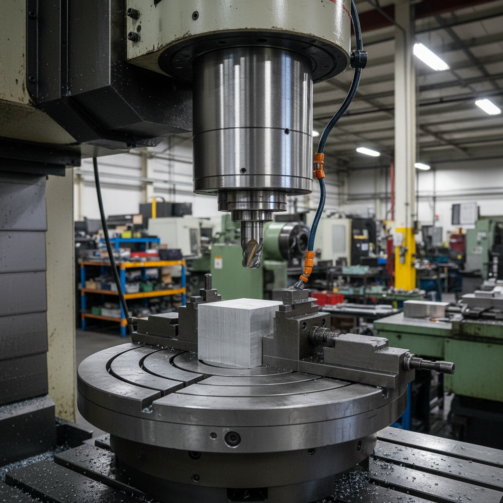 Close-up of a 4th-axis VMC vertical machining center spindle and rotary table in an industrial facility