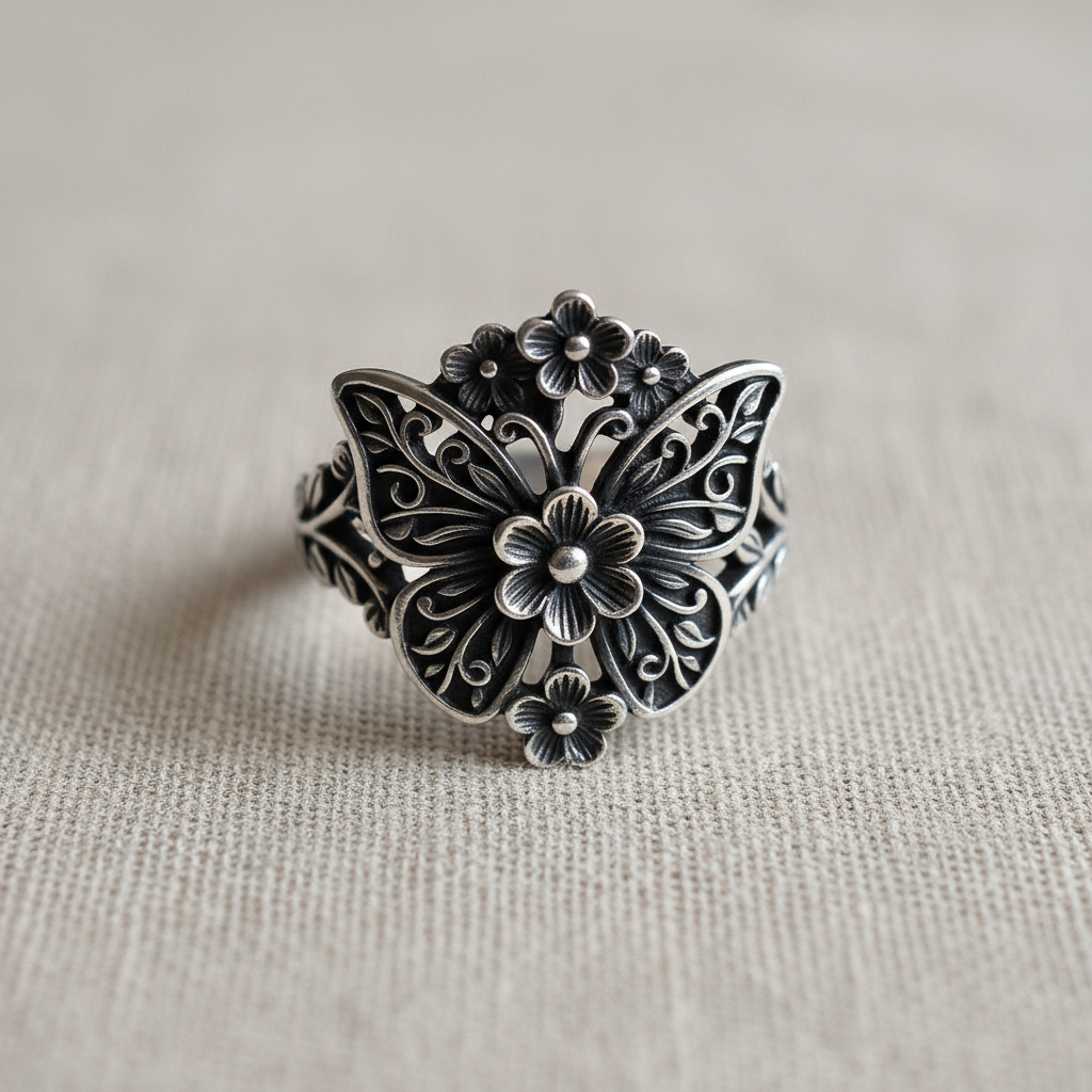 Silver Butterfly Bloom Ring - handcrafted 92.5 oxidised silver jewellery by Swariva