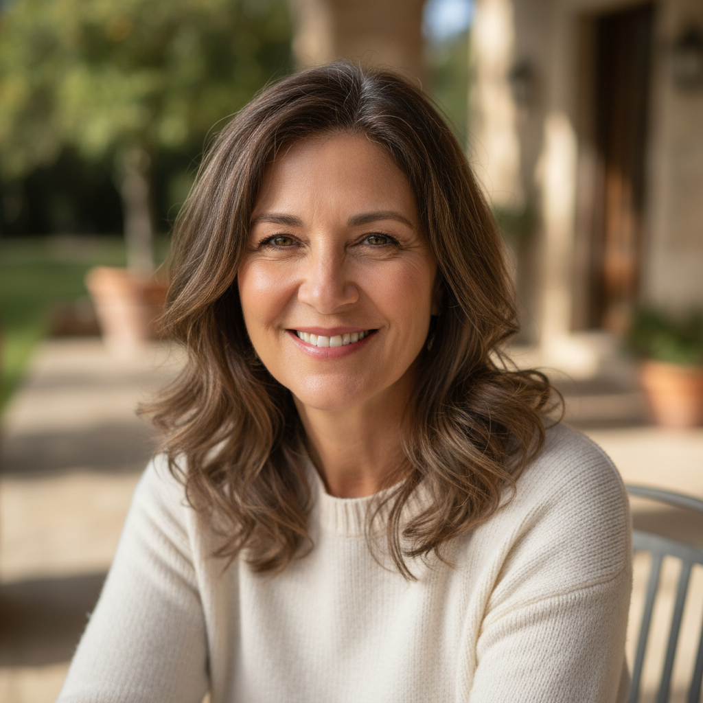 Carolyn Reyes, a middle-aged woman with warm expression, photographed in natural light in a home setting