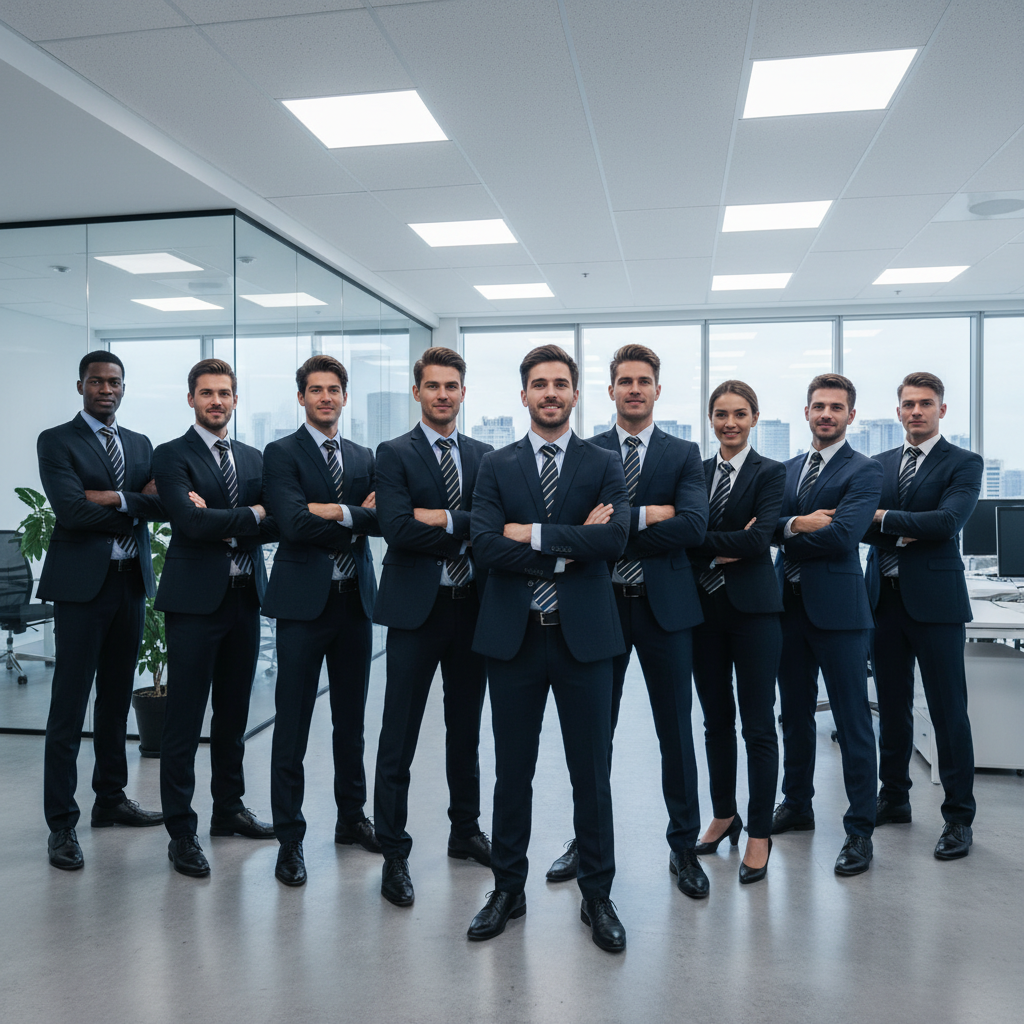 Corporate sales team in matching navy and gold diagonal stripe microfiber ties