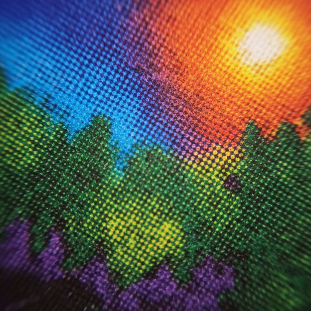 Finished printed piece photographed at macro distance showing halftone rosettes and saturated CMYK colors