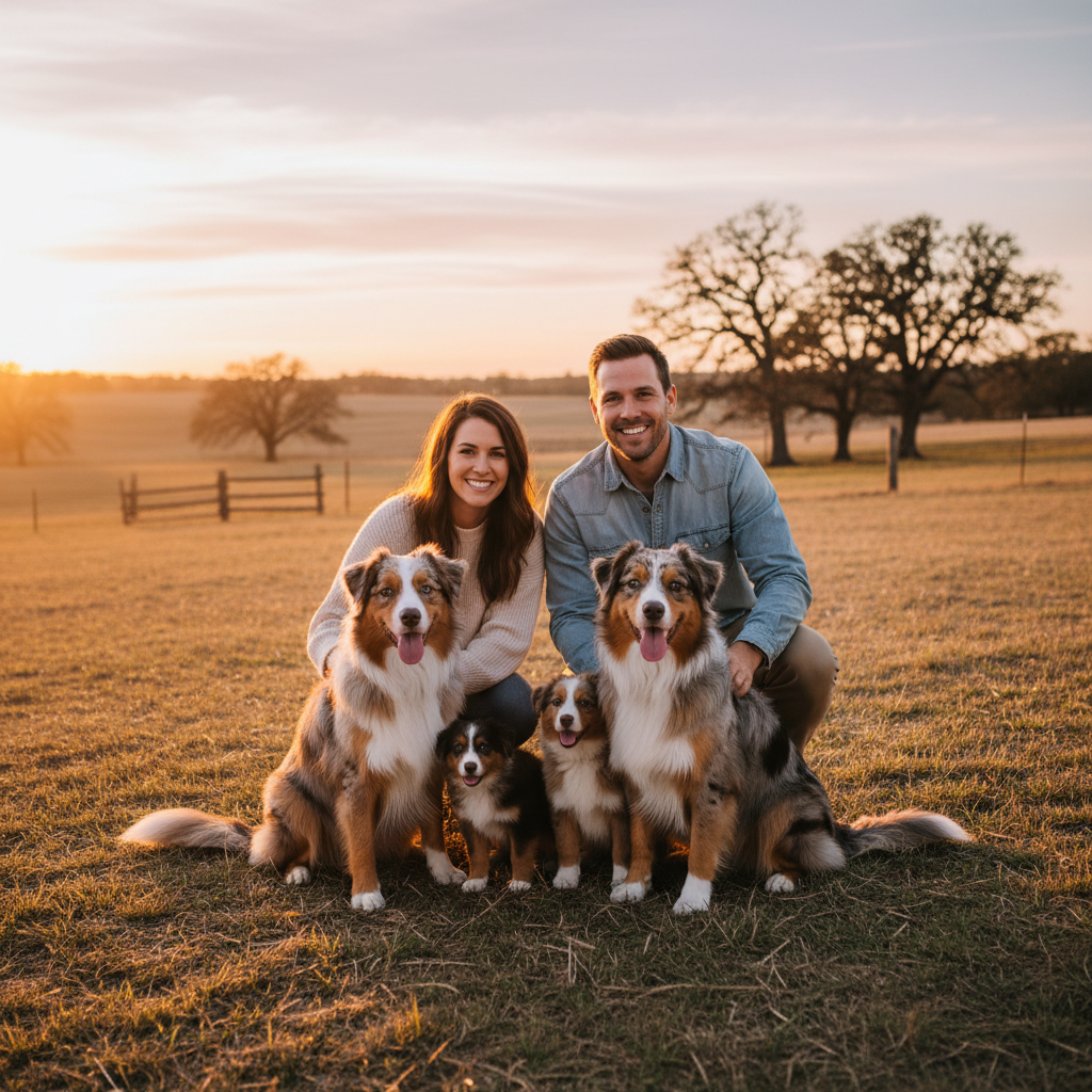 Happy Australian Shepherd family portrait with owners on the ranch at dusk